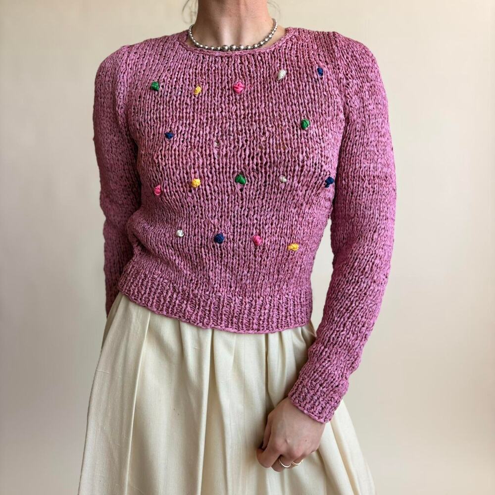 Vintage Pink Ribbon Knit Sweater - Multicolor Knot Details, Fits Small